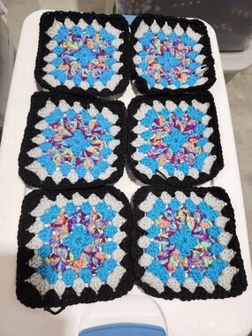 Handmade Multicolor Crochet Granny Squares - Black, Turquoise, Gray 6 Pc Set. #1